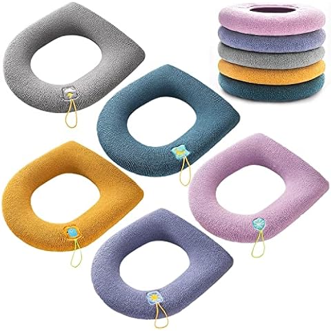 Toilet Seat Cover Cushion Pads,5pcs 5 Colors Bathroom Soft Toilet Seat Cover Pad Toilet Lid Cover Cushion- Super Warm - Retaining Ring - Universal Fit - Machine Washable,Thicker Stretchable Washable Cover