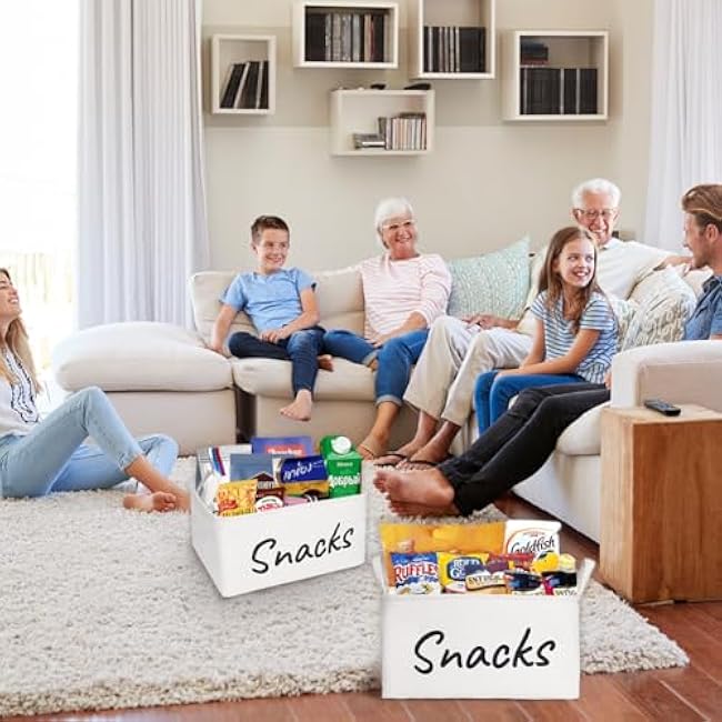Snack Organizer Basket for Home Office: Snack Bin for Pantry (2 White Baskets)