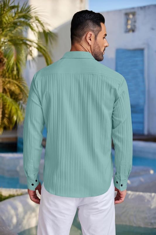 Image of FINIVO FASHION Men's Casual Cotton Plain Button Down Shirt Long Sleeve Textured Summer Beach Shirt for Men Turquise