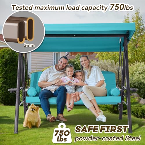 Image of 3 in 1 Outdoor Porch Swing with Adjustable Canopy, 3 Seat Outdoor Swing for Adults, Patio Swing Chair with Thickened Cushions,Pillows & Cup Holders for Backyard, Porch, Garden (Lake Blue)