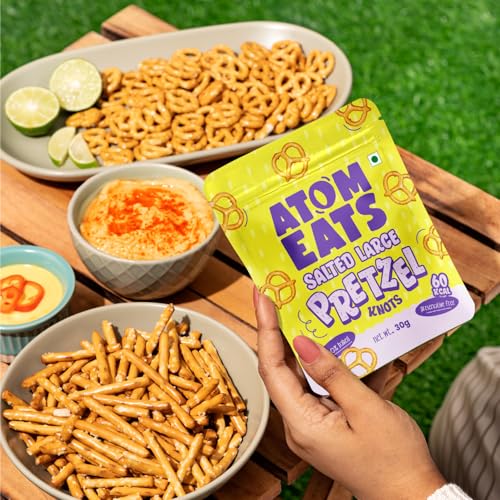 Image of Atom Eats | Salted Pretzel Large Knots 30g | 100% Baked | Savoury Snack for Coffee, Wine, Desserts & Gifiting | Crunchy and Salty | Imported Quality | Classic American Snack