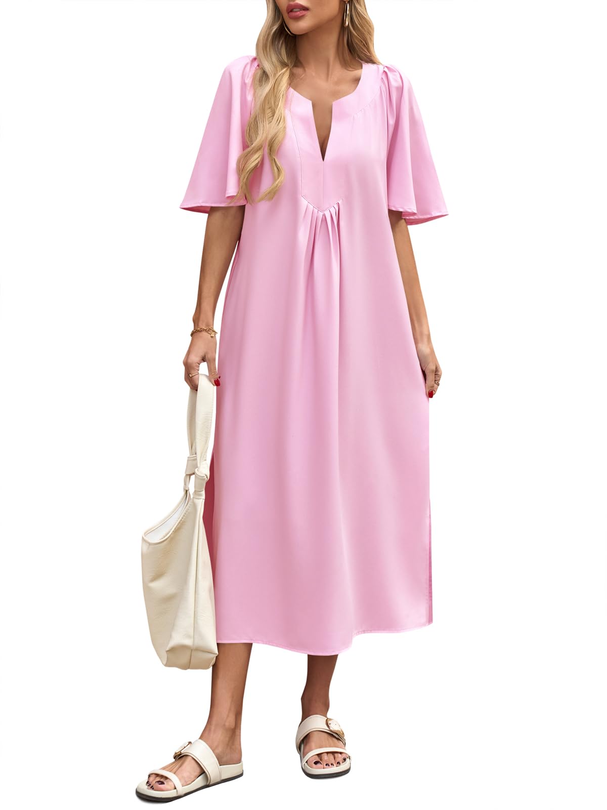 Wenrine Womens Casual Maxi Dress Short Sleeve Loose Flowy Summer Dresses