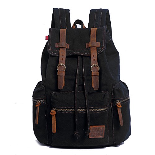 YuHan Canvas Rucksack Unisex Vintage Casual Rucksack Laptop Daypacks MacBook Tasche Schultasche Student Büchertasche Umhängetasche Wandern Camping Tasche, Schwarz , Mediam, Schulrucksack