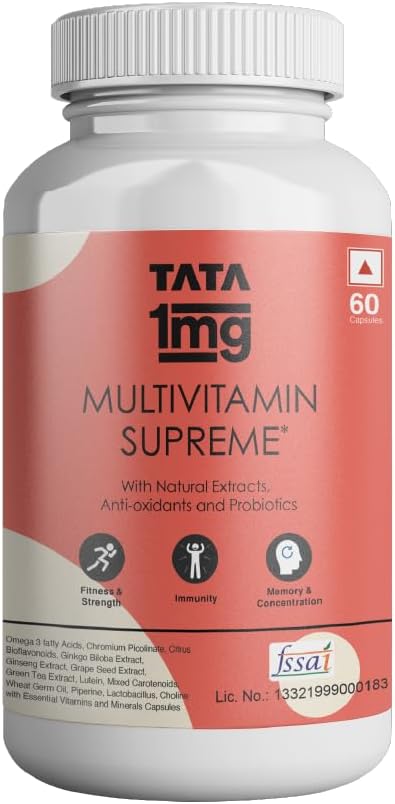 TATA 1MG Multivitamin Supreme With Zinc,Calcium,Vitamin D,Antioxidants & Probiotics For Fitness,Strength,Immunity,Memory & Concentration,Energy Booster Capsule For Men & Women (Pack Of 60),117 grams