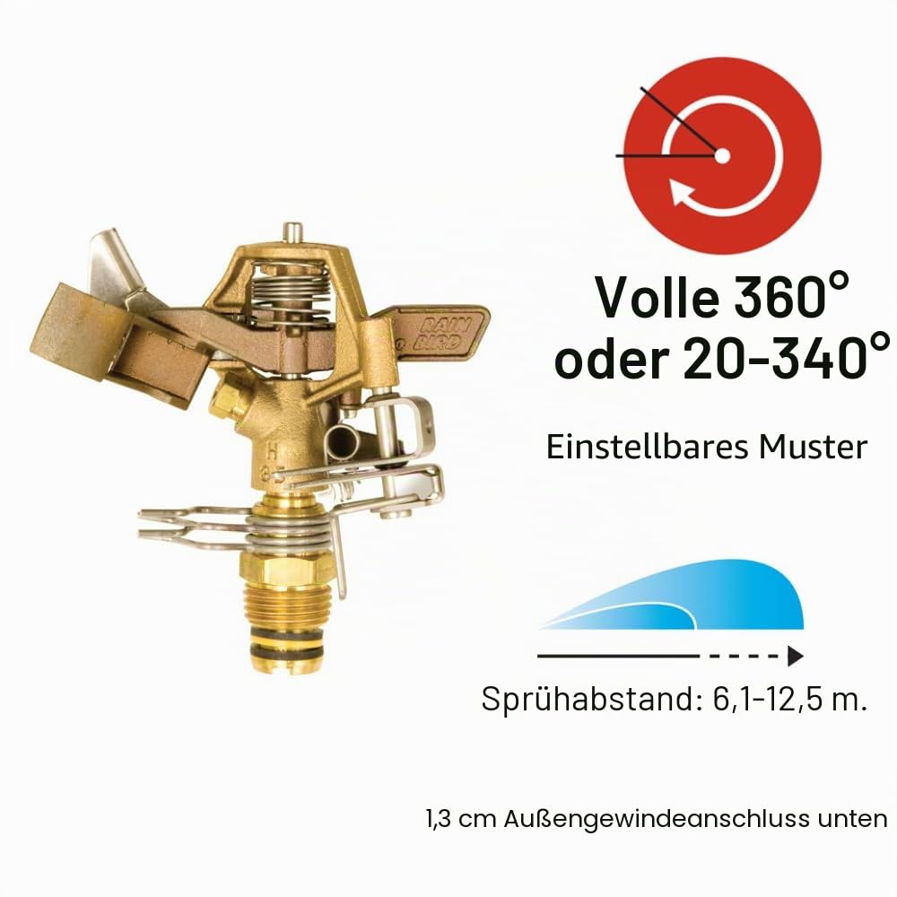 Rain Bird 25PJDAC Schlagregner aus Messing, verstellbar von 20 ° – 360 ° Muster, 50 – 104 cm Sprühabstand