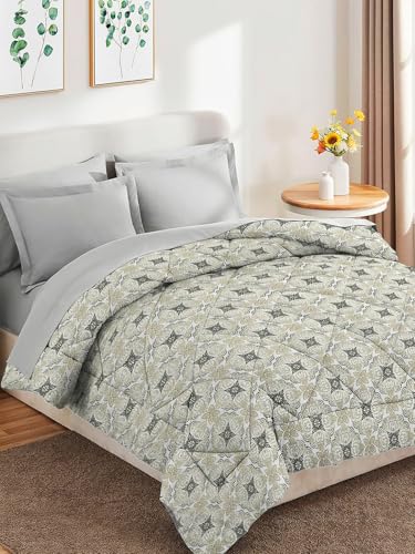 Image of HOMEKART 220 GSM Premium Reversible Microfiber AC Comforter for Single Bed | Soft, Lightweight & Breathable All-Season 3-Layer Quilted Blanket (150 cm x 225 cm, Floral, Grey & White)