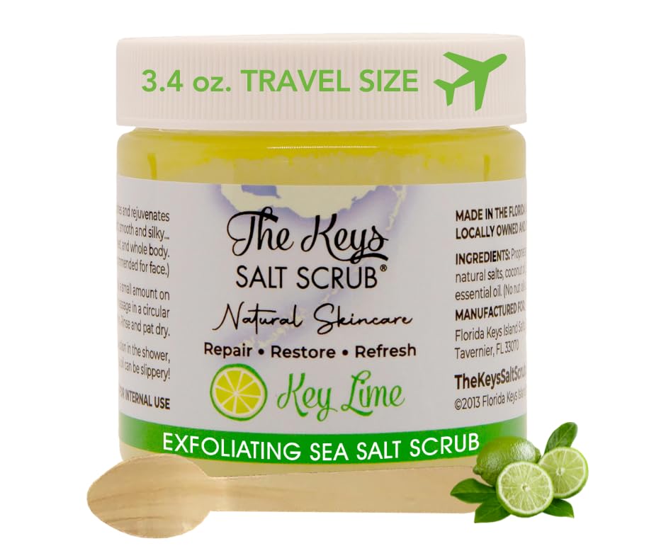 The Keys Salt Scrub -Exfoliante de sal marina - Exfoliante corporal con cuchara de madera - Exfoliante hidratante para manos, pies, baño, (3.4 onzas