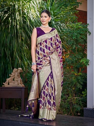 Image of MANOHARI Women's Trendy Banarasi Satin Silk Woven Saree with Heavy Jacquard Work, Elegant Design with Matching Lace Border Unstitched Blouse Piece for Weddings & Festive Occasions