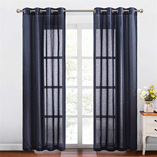 NICETOWN Linen Sheer Curtains for Bedroom Window, Grommet Semi Sheer Linen Curtain Panels Vintage Natural Wave Privacy Flax Draperies for Hall/Villa, Navy Blue, W52 x L84, Set of 2