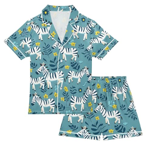 ALAZA Zebra Flower Leaves Pajamas Satin Pajama Set Short Sleeve Button Down Sleepwear