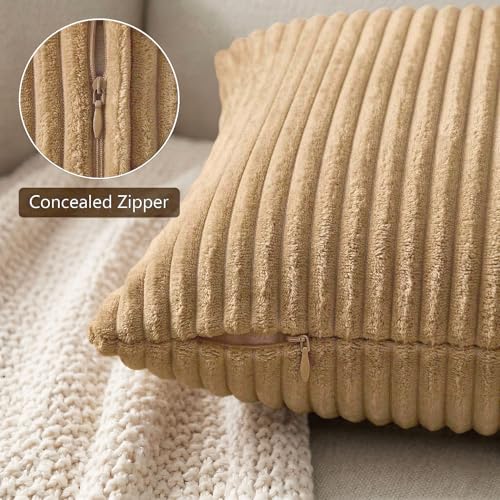 Image of Yellow Weaves Pencil-Stripe Fur Cushion Covers | Soft Polyester | Decorative Sofa & Throw Pillow Covers | 16x16 Inches, Pack of 2 (Golden Brown)