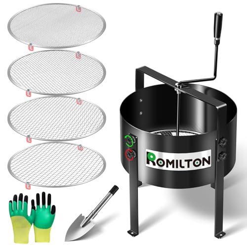Upgraded Rotary Garden Soil Sifter Compost Sieve, Capacity: 11 Liters, with 4 Replaceable Mesh Sizes (0.12 0.24 0.35 0.47) inch, Large Earth Riddle Screener Kit Includes Shovel & Gloves