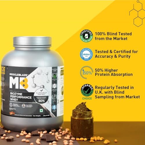 Image of MuscleBlaze Biozyme Performance Whey Protein Powder, Chocolate Peanut Butter (2kg / 4.4lbs) & Micronised Creatine Monohydrate CreAMP Powder, Unflavoured (32 Servings, 100g) | Pack of 2
