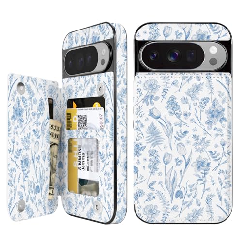 uCOLOR for Google Pixel 10/10 Pro Case with Card Holder Blue Toile Flowers