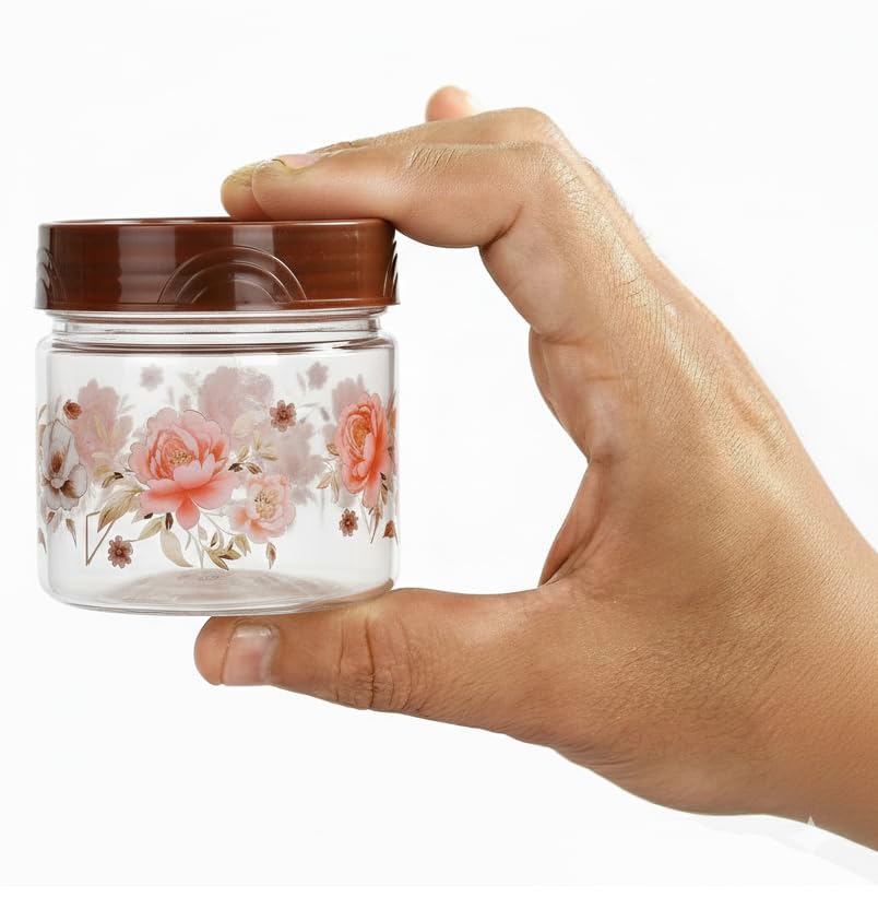 Image of Plastic Storage Box Jars and Container with Lids & Spoons Airtight Containers with Floral Design - BPA-Free, Multi-Purpose Canisters for Spices, Snacks, Dry Fruits (Brown, 250 ml)