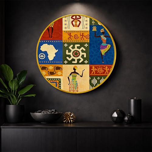 Image of African Tribal Round Framed Wall Art Painting For Living Room | Ethnic Cultural Abstract African Theme Wall Art Painting With Frame for Home, Bedroom & Office, 16 Inch