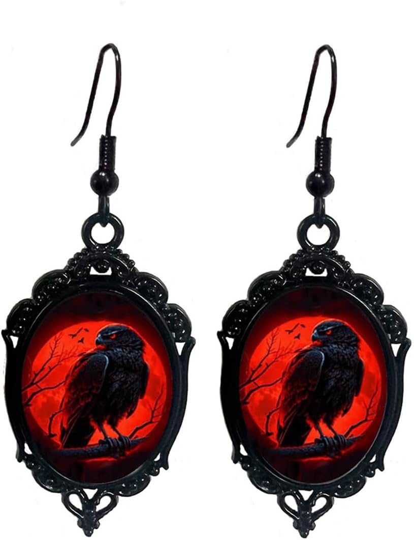 Gothic Crow Glass Dangle Drop Earrings for Women Vintage Halloween Crow Emboss Earrings Punk Halloween Earrings Vampire Earrings Mystic Witch Jewelry Gift Accessories