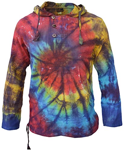 Tie Dye Cotton Light Summer Hippie Psychedelic Bohemian Grandad Hoodie (Rainbow Tie Dye Front Spiral, Medium)