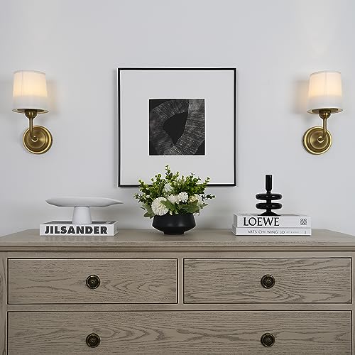 Image of HEQIQEH Vintage Gooseneck Battery Operated Wall Sconce Light Fixture Set of 2 with Remote Control, Flared Funnel White Fabric Shade Dimmable Nightstand Lamps for Bedside Bedroom Living Room（antique-2）
