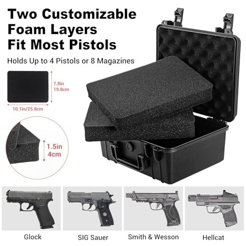 Universeller Pistolenkoffer mit 2 Schlössern und vorgestanzten Schaumstoffeinlagen, Aufbewahrungsbox für Pistolenmagazine, IP67 Wasserdichtem Pistolen Case , Geeignet für Reisen, Jagd, Taktische