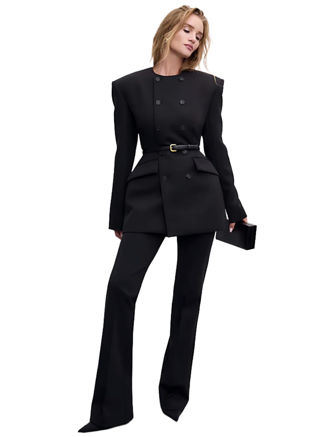 Womens Double Breasted Buttons Coat Business Casual Collarless Blazer No Belt for Meeting Christmas
