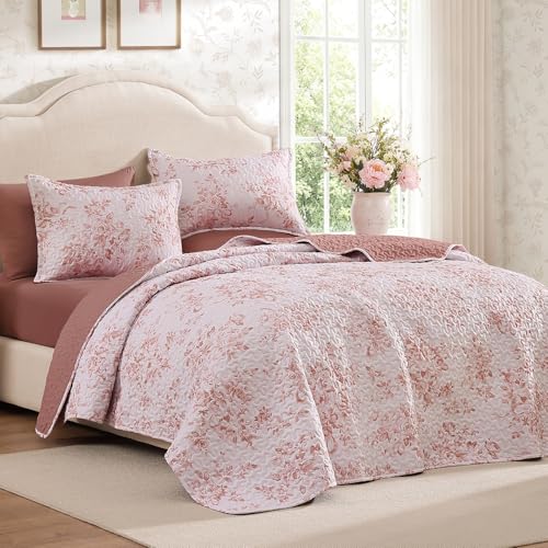 Image of Andency Quilt Twin Size, Pink Flower Bedspread Twin Size, 3 Pieces Soft Bedding Set for Women Teen Girls, Lightweight Coverlet Set for All Season with 2 Pillowcases (68 inchx86 inch)