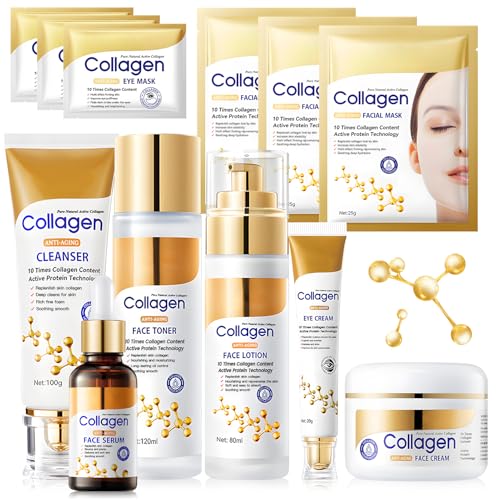 Kit Skincare Facial Mujer Completo, Collagen Skincare Kit, 12 Piezas Skin Care Set con Collagen, con Crema Facial, Serum, Cleanser, Tonico Facial, Mascarilla Colageno, Eye Cream, Piel nutritiva