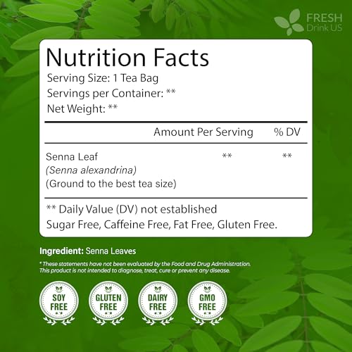 Image of FreshDrinkUS, Premium 135 Senna Leaf Tea Bags for Constipation, Supports Your Cardiovascular System, 100% Natural & Pure. Loose Leaf Senna Herbal Tea, Made with Natural Material Tea Bags. Non GMO, No Sugar / Caffeine / Gluten, Vegan.