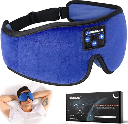Bluetooth sleep headphones with eye mask design, featuring control buttons, marketed as a high-tech gift for women, alongside a user relaxing with the product and its packaging.