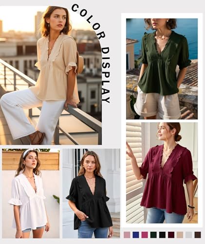 LALAGEN Womens Blouses Laser Cut Deep V-Neck Puff Sleeve Blouse Tops 2025 Summer Boho Dressy Casual Swiss Dot Babydoll Shirts4