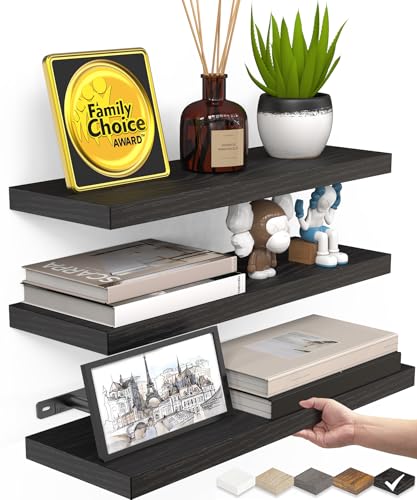 BAYKA Floating Shelves for Wall, Wall Mounted Rustic Wood Shelves for Bathroom, Bedroom, Living Room, Kitchen, Hanging Shelf for Books/Storage/Room Decor with 22lbs Capacity (Black, Set of 3, 15.7in)