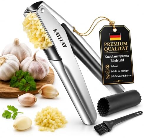 Profi Knoblauchpresse Edelstahl, Garlic Press Spülmaschinenfest - mit Schäler und Bürste, Leicht zu Quetschen, Leicht zu Reinigen, Bequem zu Halten, für Knoblauch & Ingwer (Kein Sc
