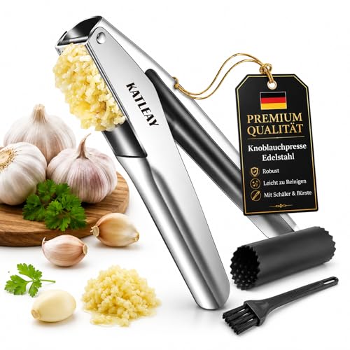 Profi Knoblauchpresse Edelstahl Garlic Press Spülmaschinenfest - mit Schäler und Bürste Leicht zu Quetschen Leicht zu Reinigen Bequem zu Halten für Knoblauch & Ingwer (Kein Schälen Nötig)
