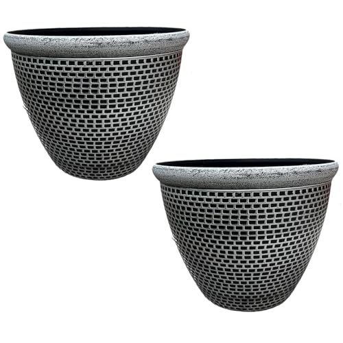 Gr8 Garden Large 36cm Plastic Round Cromarty Plant Pot Flower Planter Water Grow Tub Garden Patio Indoor Outdoor Decor (Silver, Pack Of 2)