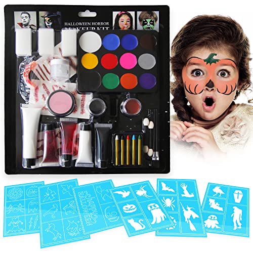 Face Painting Kits with Stencils for Kids-30 Stencils, 12 Water Based Face Paint Colors, 3 Complementary Colors, 3 Scar Stickers, 3 Sponges & 2 Applicators, 2 Brushes, 2 Glitter.