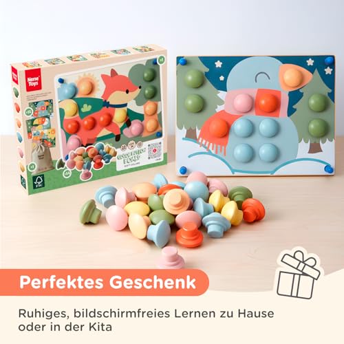 Nene Toys Steckspiel Holz ab 2 Jahre – Montessori Lernspielzeug zur Farbzuordnung & Feinmotorik – Mosaik Button Art Spiel mit 24 Holzsteckern & 12 Karten – Holzspielzeug Kinder
