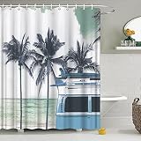 TFGGNDF Tour Bus Shower Curtain Retro Palm Tree Beach Ocean Surfboard Summer Hawaii Coastal Theme Su