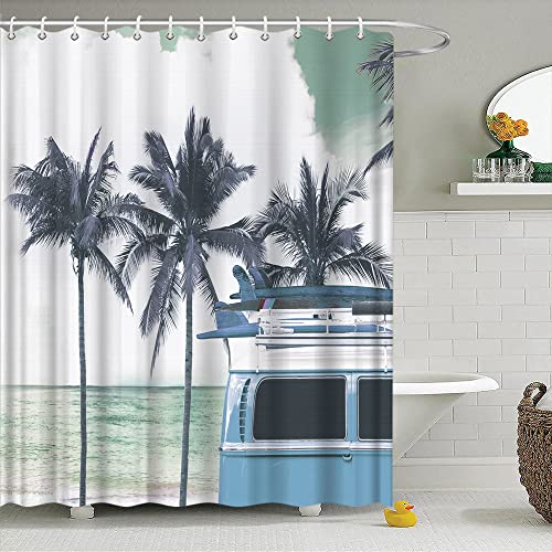 Tfggndf Tour Bus Shower Curtain Retro Palm Tree Beach Ocean Surfboard Summer Hawaii Coastal Theme Summer Seaside Vacation Boys Men's Bathroom Decoration Bath Decor Polyester With Hooks #TOP8