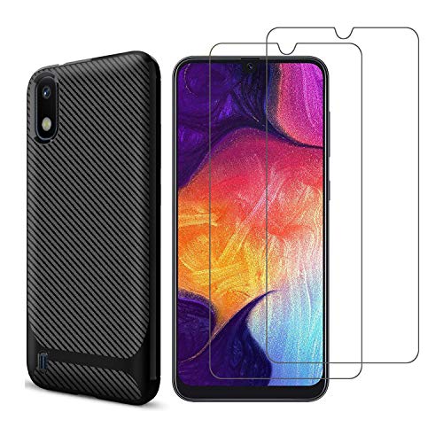 MISIDE Case for Samsung Galaxy A10 Case,with Samsung Galaxy A10 Screen Protector.3 in 1 Scratch Resistant Slim Shockproof Carbon Fiber Cover + 9H Tempered Glass Screen Protector (Black, A10)