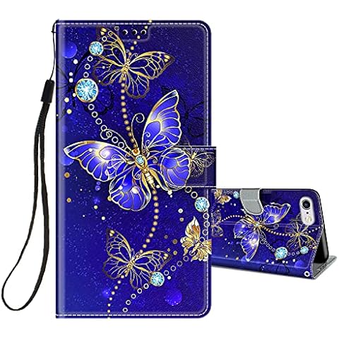 HopMore Flip Case for iPhone 6S / 6 Phone Case Protective Wallet Case for Girls Women Boys, PU Kickstand Card Slot Holder Silicone Bumper 360 Degrees Shockproof Cover - Butterfly/Blue Cover