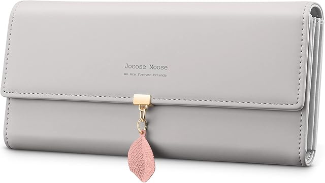 Jocose Moose Ladies Purse, Women's Wallet with Multiple Card Slots, PU Leather Long Wallet with Leaf Pendant Card Holders Phone Pocket Zipper Coin Purse (Gray)
