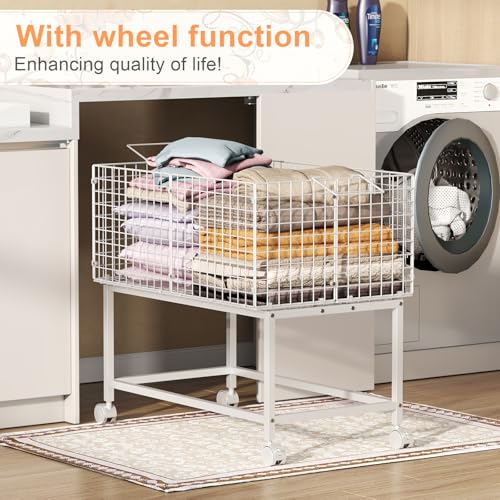 Image of Large Rolling Laundry Basket Cart,Wire Laundry Hamper Cart with Handle and Wheels,White High Laundry Hamper for Laundry Room,Bedroom and Bathroom-120L White (29.5 inchL*19.7 inchW*27.95 inchH inch)