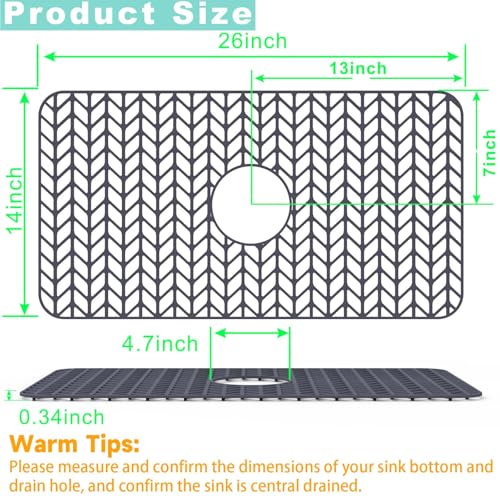 AWOKE Sink Protectors for Kitchen Sink - 26"x 14" Sink Mat - Heat-resistant Easy-clean Silicone Sink Mat - for Protection of Stainless Steel Sink - with Center Drain (Grey),Kitchen Sink Accessories