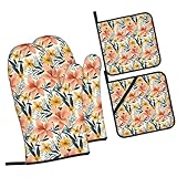 Dimensioni e dettagli del set: include 2 guanti (27,9 x 14,5 cm) e 2 cuscinetti (20,3 x 20,3 cm), offrendo un set completo di guanti da forno e presine con stampa retrò giglio; funziona come set di guanti da forno, set di guanti da forno e presine, guanti da forno e presine per la cucina quotidiana