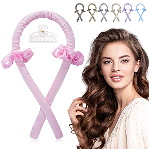 Heatless Curling Rod Headband, IENIN No Heat Curlers Hair Rollers to Sleep in Curl Ribbon with Scrunchies Hair Clips Overnight Hair Curlers for Women Long Hair Styling Tools(Pink)