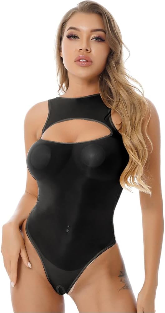 Womens Semi See Through Bodysuit Crotchless Sleeveless Leotard With Oversleeve Teddies Bodystocking
