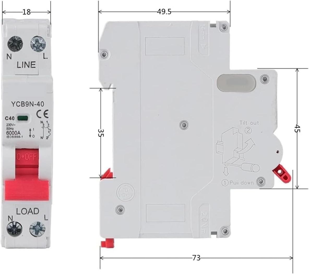 Circuit breakerYCB9N-40 Miniature Circuit Breaker DPN 6000A 230V 50Hz M C B 6A/10A/16A/20A/25A/32A/40A 1Pcs (Size : 1P N, Color : 6A) (Color : 16A, Size : 1P N)