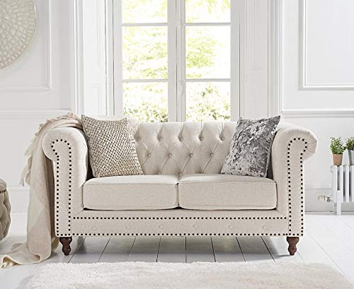 ES ESPINHO ESPN0013 Solid Sal Wood Fabric Upholstered Button Tufted Chesterfield 2 Seater Sofa Set for Living Room, Off White Color