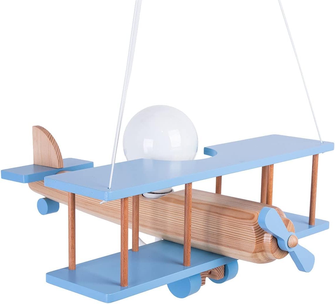 Hellux Lampada da Soffitto Cameretta in Legno | Plafoniera per Bambini | Lampada a Soffitto 75x42x45cm per Cameretta Neonato | Lampada Aereo E27 Senza Lampadina (Blu/Legno naturale)