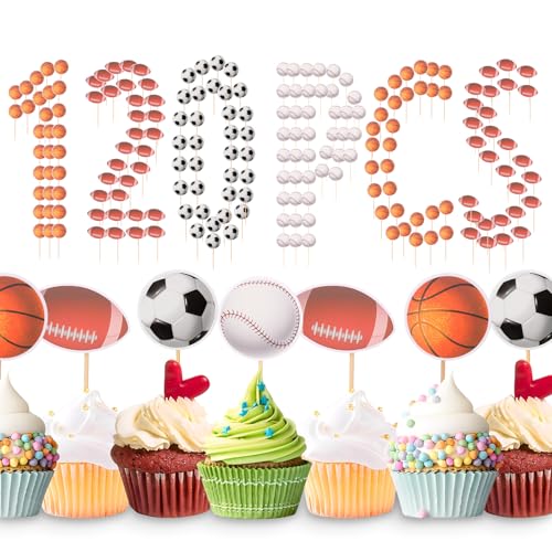 120Pcs Sports Theme Cupcake Toppers Football Toothpicks Soccer Baseball Rugby Basketball Cake Decorations Football Cupcake Picks Cake Toothpicks for Birthday Party(30 Each)